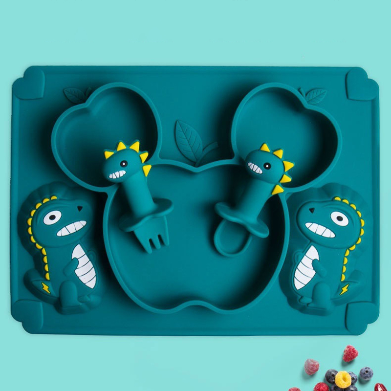 Baby Food Utensils Set - Vajilla de silicona de dinosaurio para
